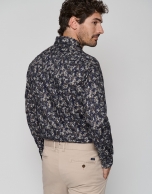 Blue and natural floral print regular sport shirt