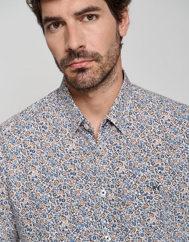 White regular sport shirt with orange floral print