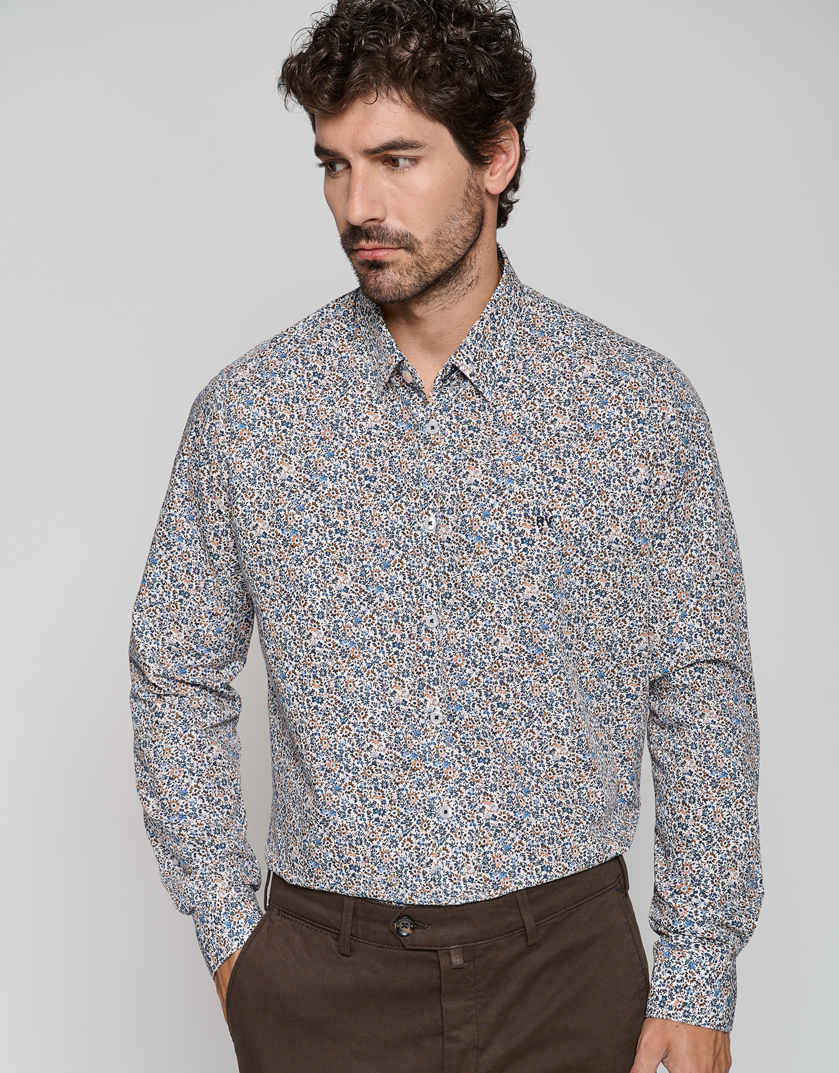 White regular sport shirt with orange floral print