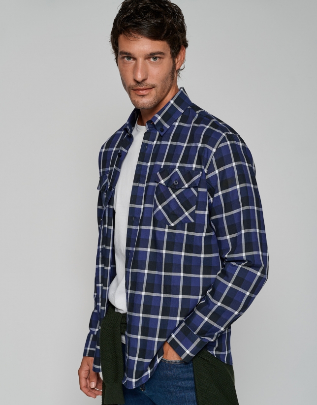 Blue and white checked casual shirt