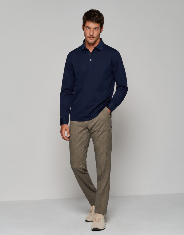 Blue jacquard polo shirt with long sleeves