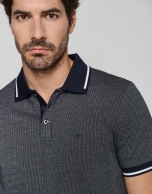 Navy blue and white mercerized jacquard polo shirt