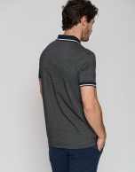 Navy blue and white mercerized jacquard polo shirt