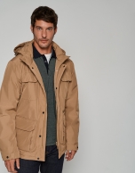 Dark brown tech fabric parka with four pockets