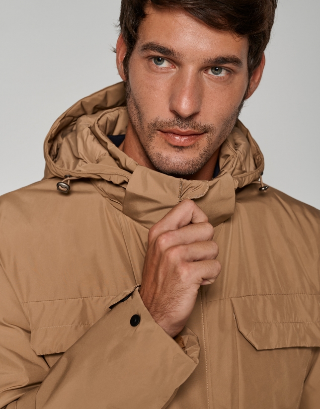 Dark brown tech fabric parka with four pockets