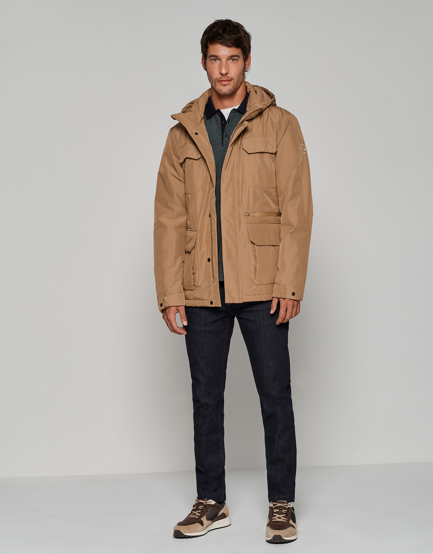 Dark brown tech fabric parka with four pockets