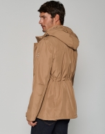 Dark brown tech fabric parka with four pockets