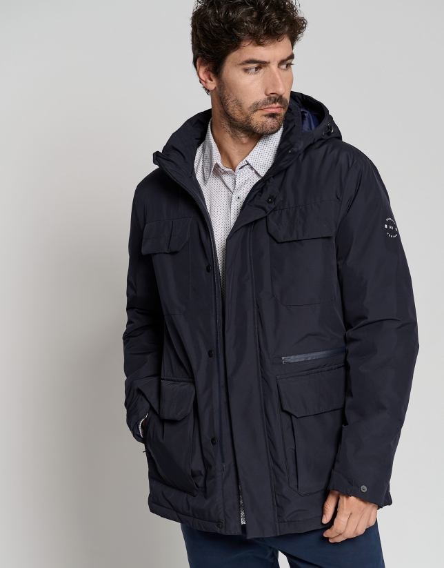 Navy blue tech fabric parka with four pockets