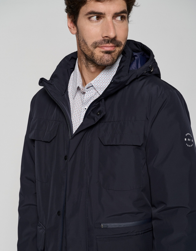 Navy blue tech fabric parka with four pockets