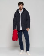 Navy blue tech fabric parka with four pockets