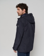 Navy blue tech fabric parka with four pockets