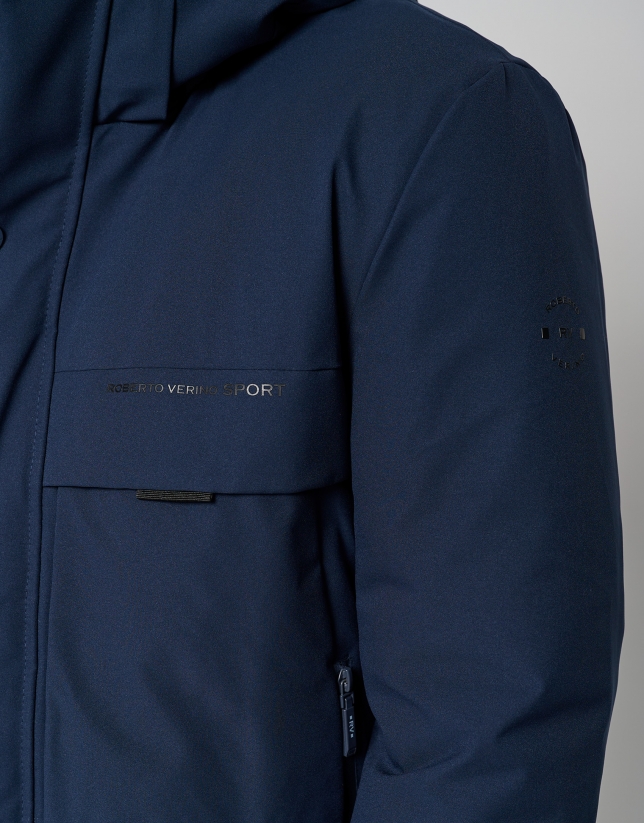 Navy blue tech fabric parka with four pockets