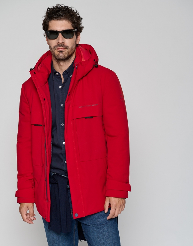 Red tech fabric parka with four pockets