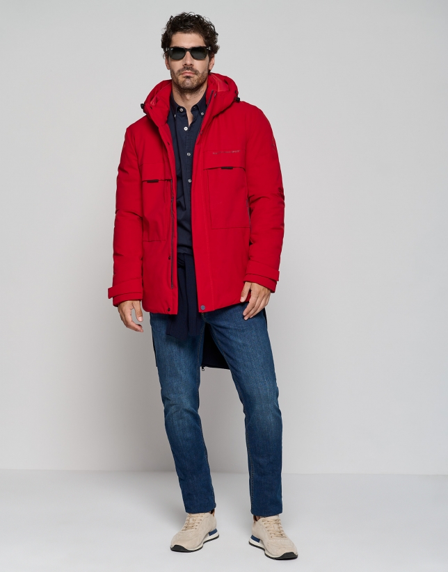 Red tech fabric parka with four pockets