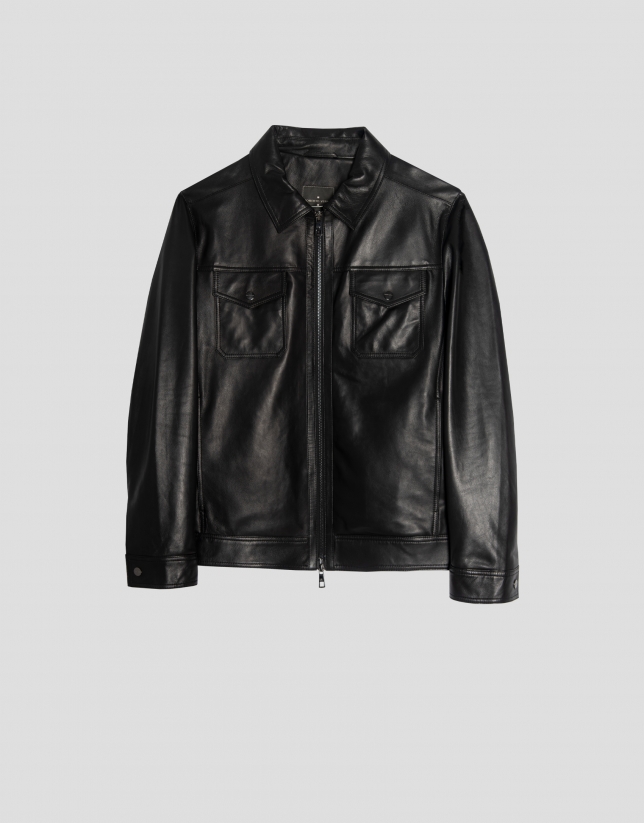 Black nappa leather jacket with chest pockets