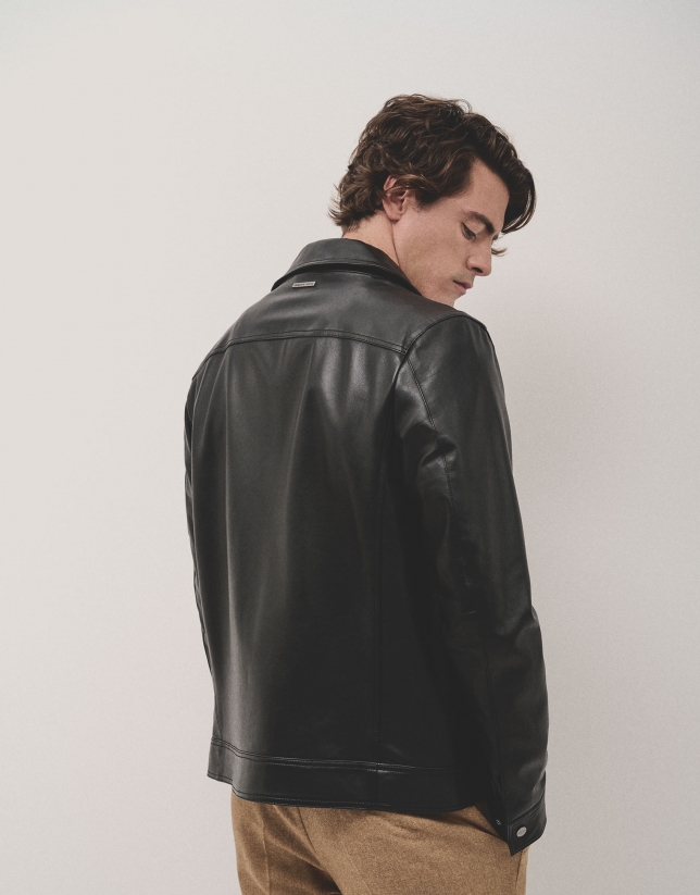 Black nappa leather jacket with chest pockets