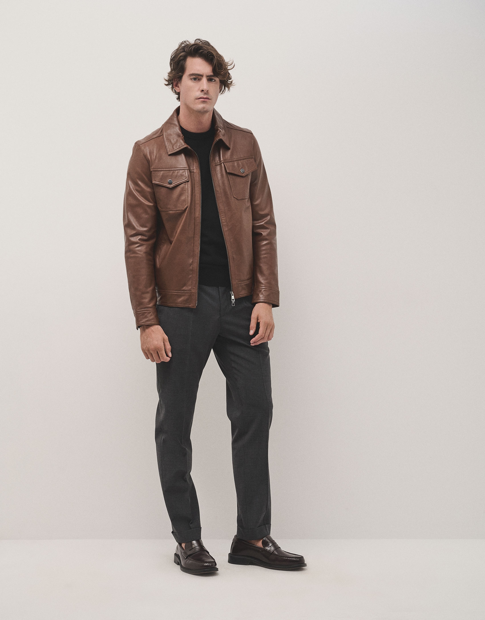 Brown nappa leather jacket with chest pockets