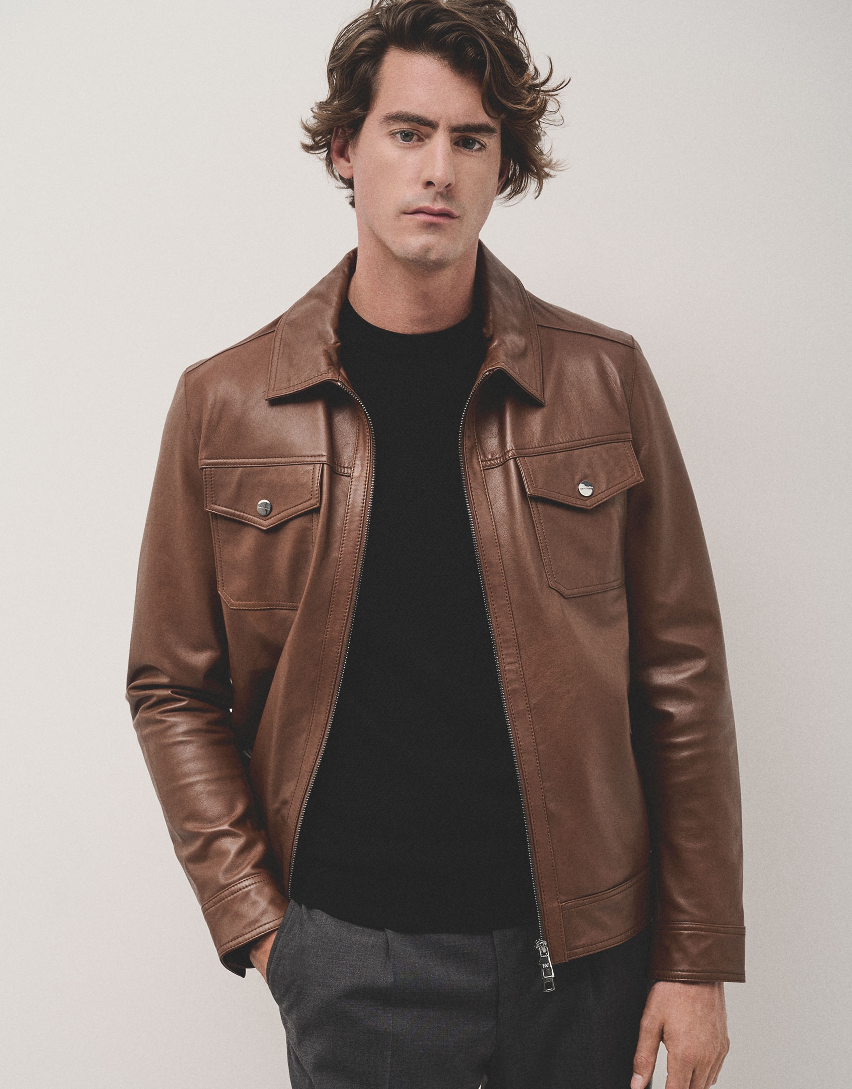 Brown nappa leather jacket with chest pockets