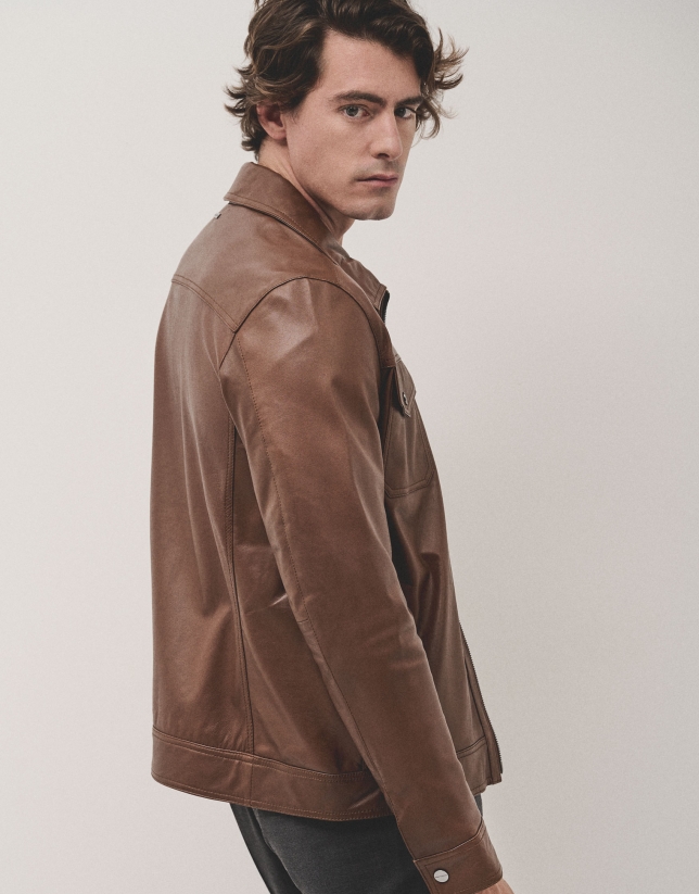 Brown nappa leather jacket with chest pockets