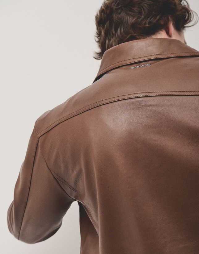 Brown nappa leather jacket with chest pockets