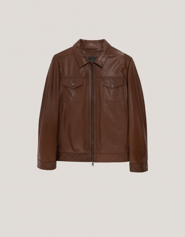 Brown nappa leather jacket with chest pockets