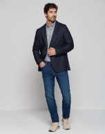 Indigo blue structured knit sports jacket