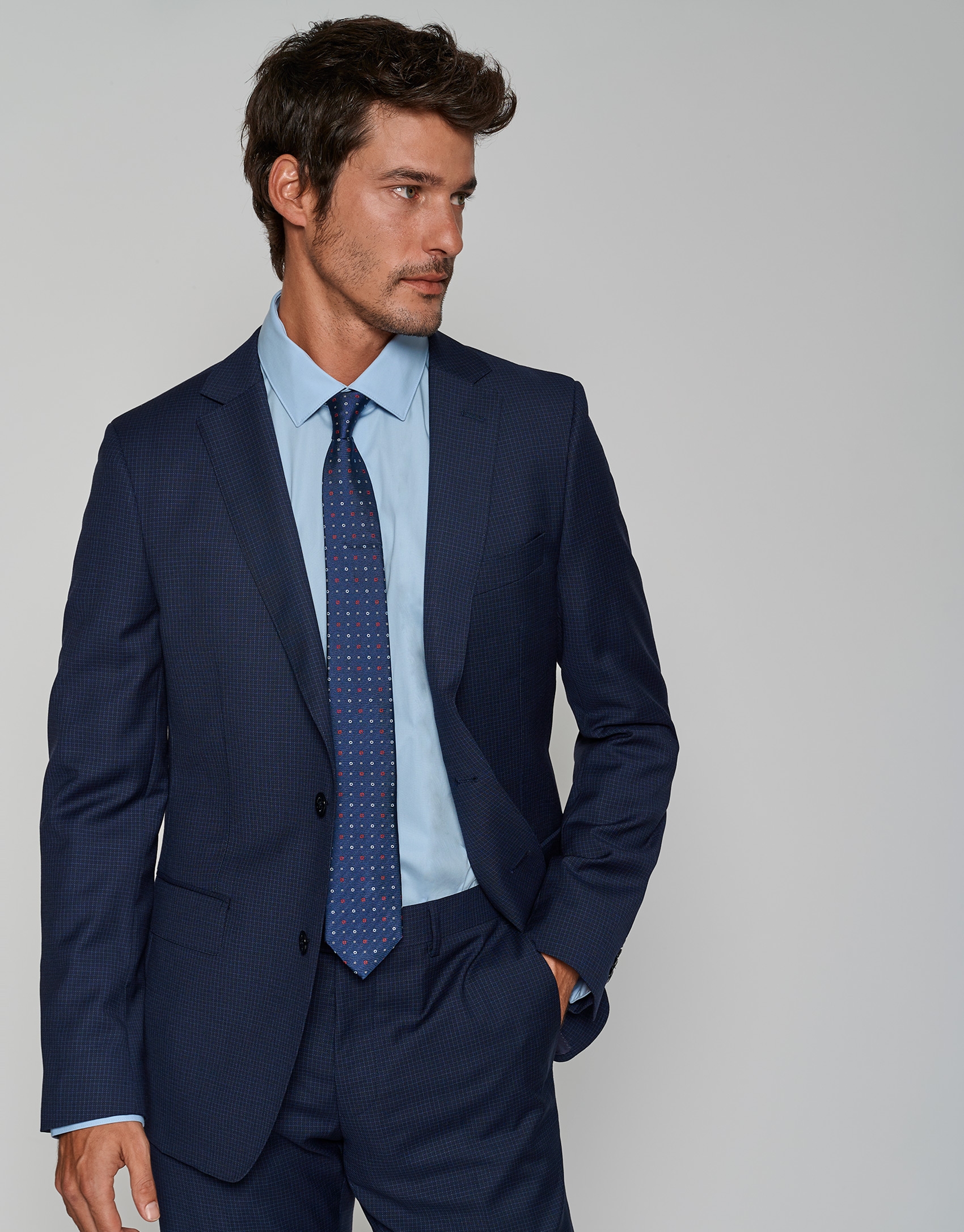 Traje half canvas slim fit microcuadros tonos azules