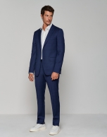 Half-canvas slim fit structured suit with navy blue checked pattern