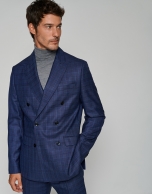 Half-canvas, slim fit suit with navy blue checked pattern