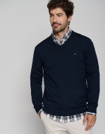 Navy blue wool sweater with V-neck 