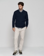 Navy blue wool sweater with V-neck 