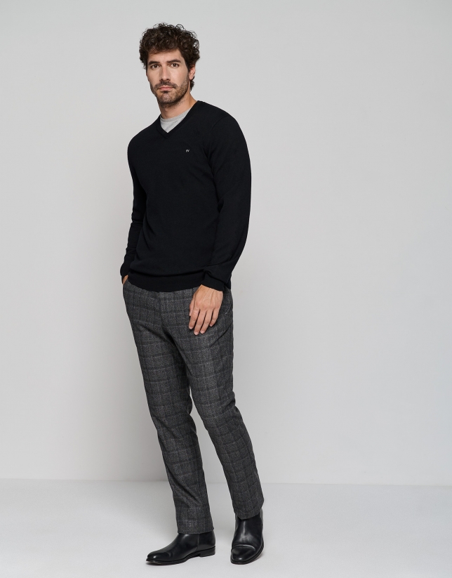 Dark wool sweater with V-neck 