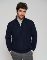 Navy blue cable-stitched sweater with zipper