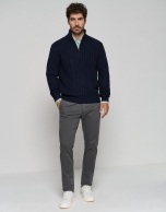 Navy blue cable-stitched sweater with zipper