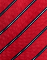 Red silk tie with navy blue stripes