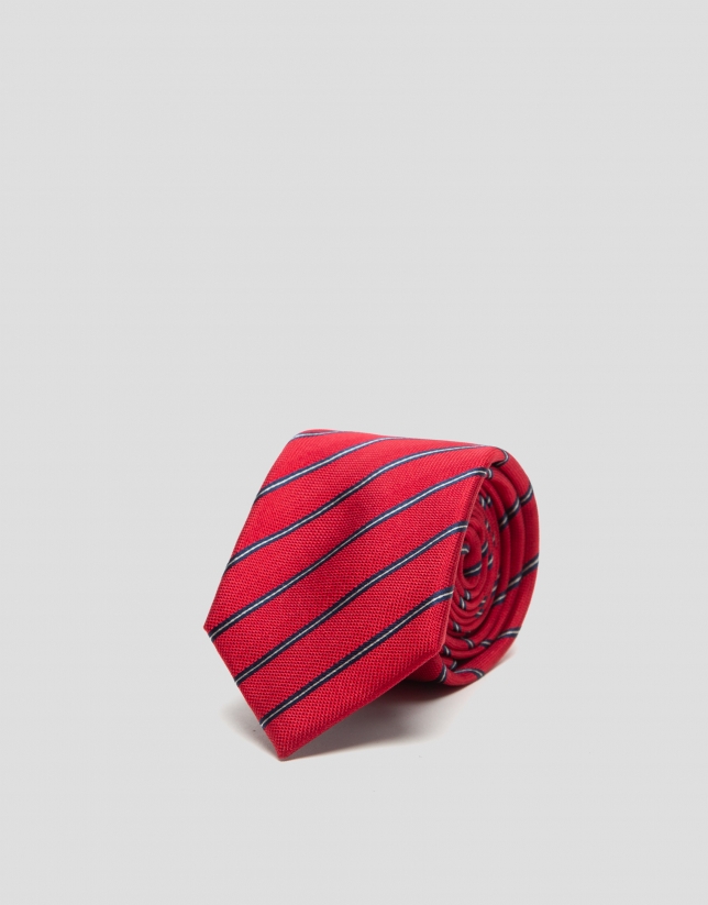 Red silk tie with navy blue stripes