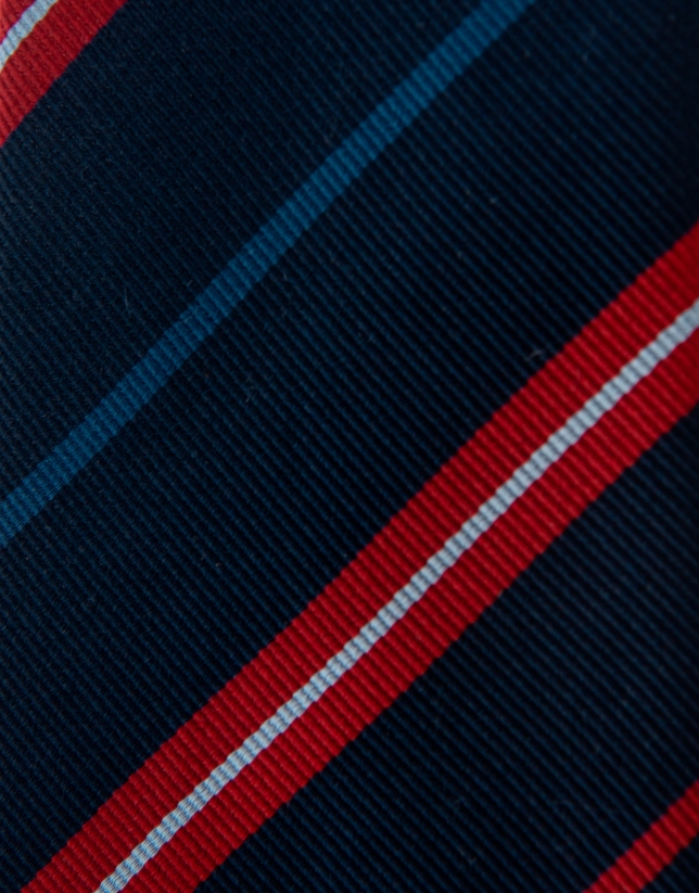 Navy blue silk tie with red and blue stripes