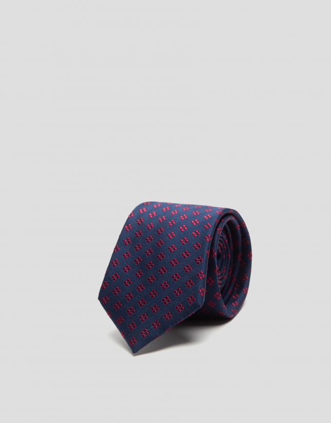 Corbata seda marino con jacquard flores rojas