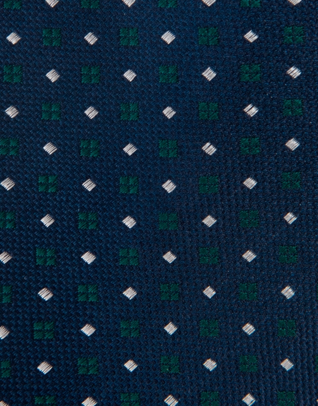 Navy blue silk tie with green and white geometric jacquard