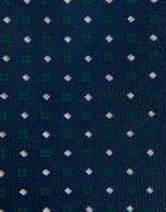 Navy blue silk tie with green and white geometric jacquard