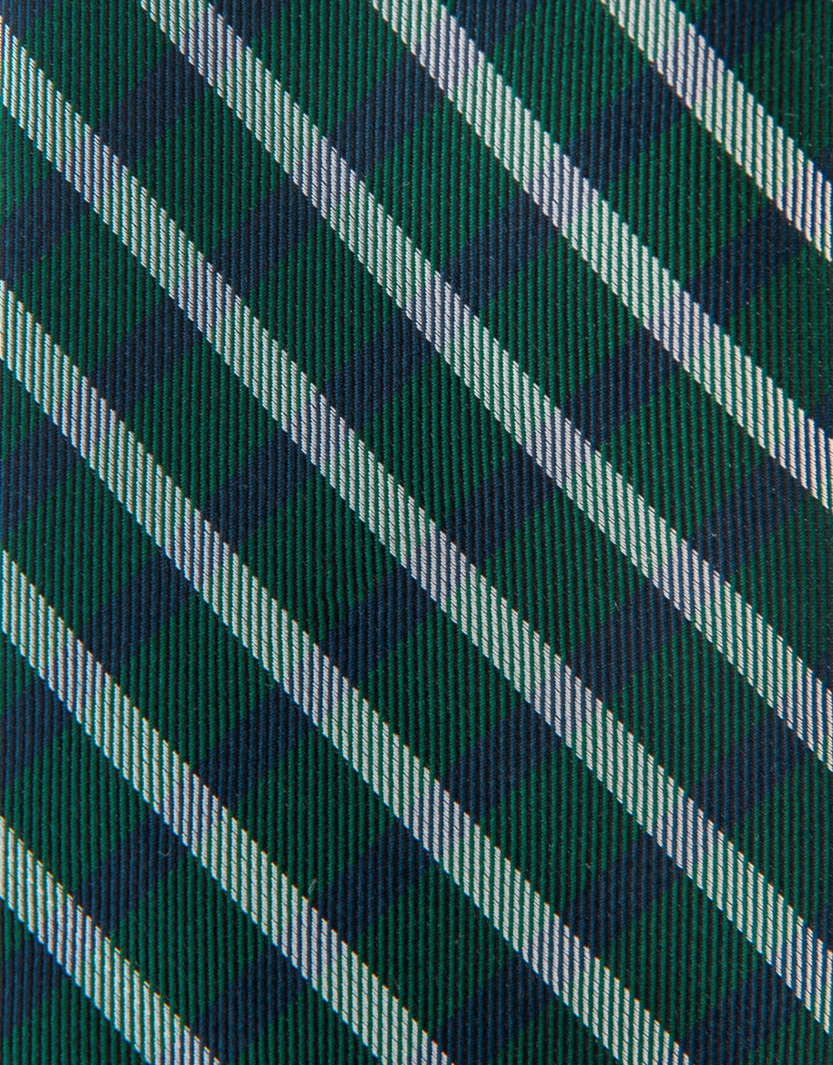 Green silk tie with navy blue and white stripes