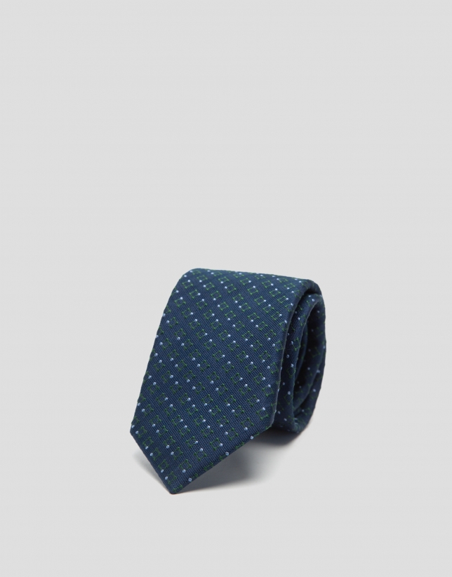 Navy blue silk tie with green and light blue checked jacquard 