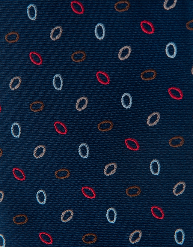 Navy blue tie with red, silver and brown jacquard with oval design
