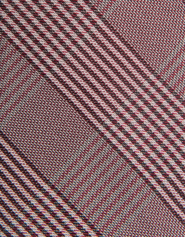 Dark red and beige glen plaid silk tie