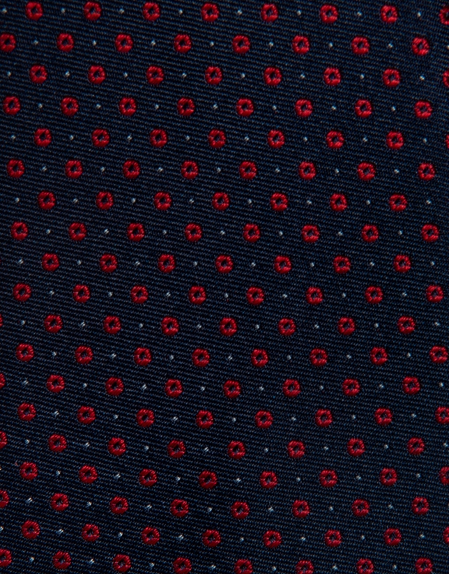 Navy blue silk tie with red and white jacquard 