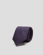 Navy blue silk tie with red and white jacquard 