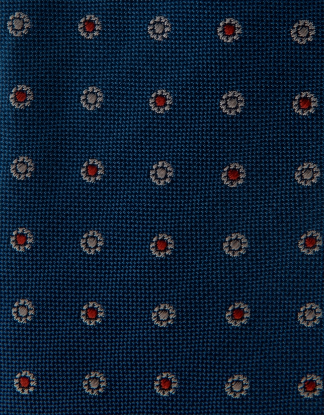 Navy blue silk tie with red and white floral jacquard