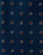 Navy blue silk tie with red and white floral jacquard