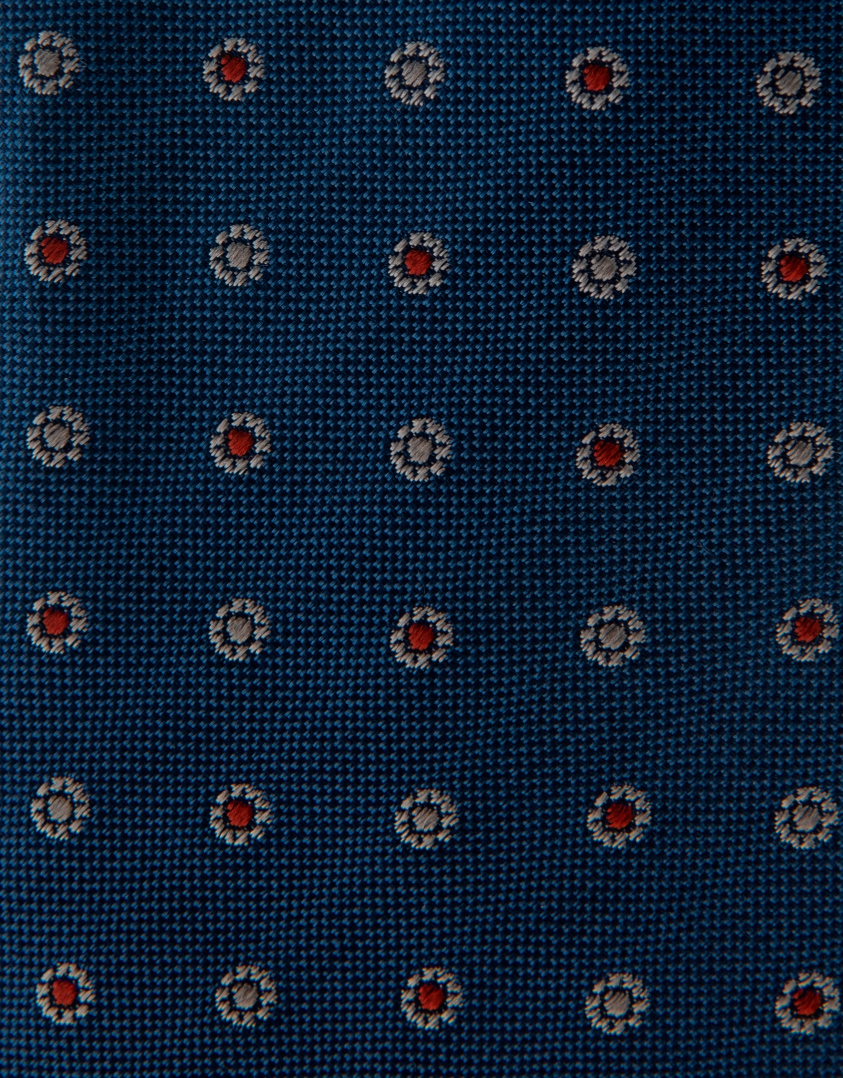 Navy blue silk tie with red and white floral jacquard