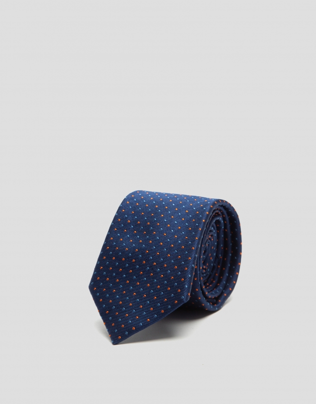 Navy blue silk tie with light blue and orange dots